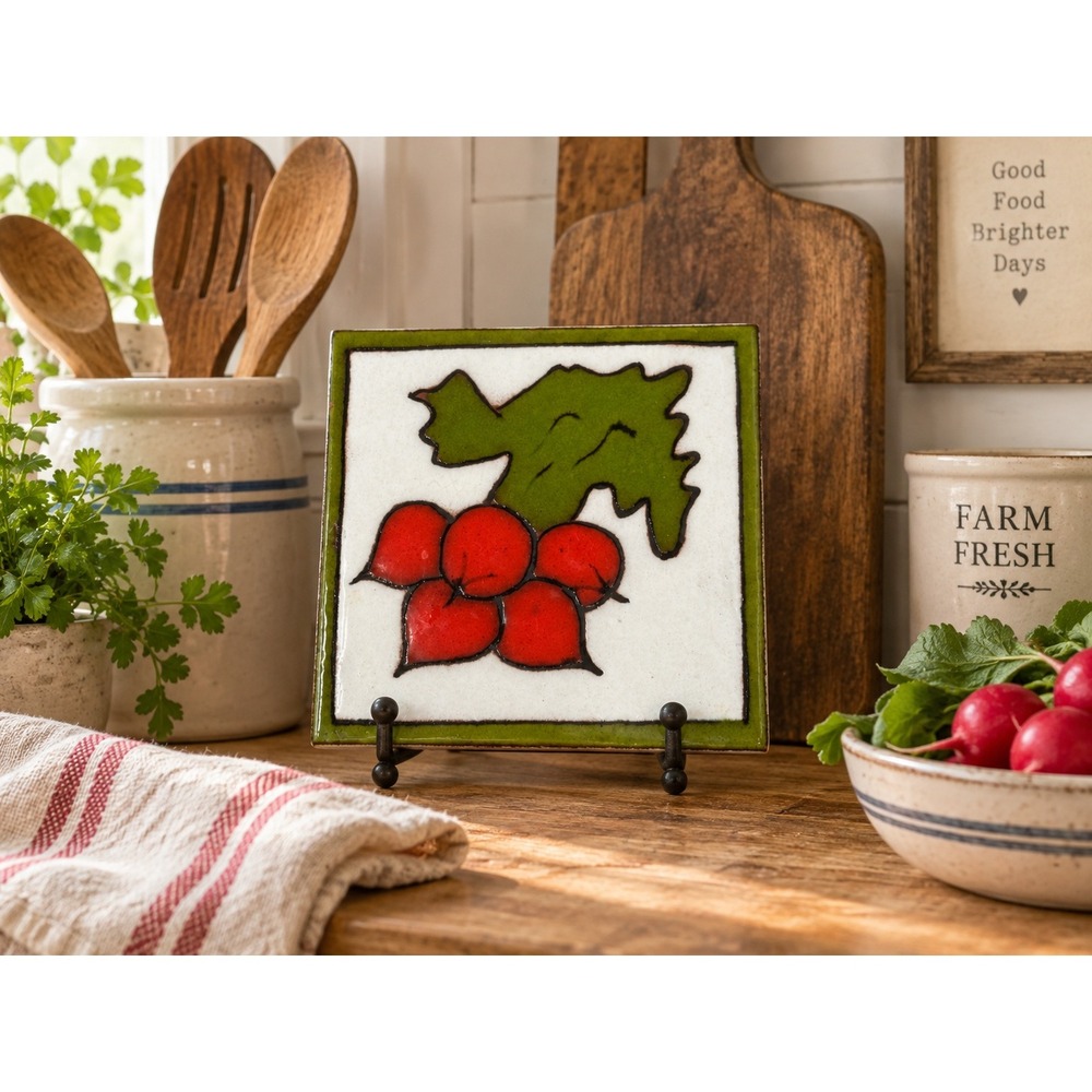 Vintage 6x6 Raddish Tile Trivet Wall Decor Orange Green Kitchen Farmhouse